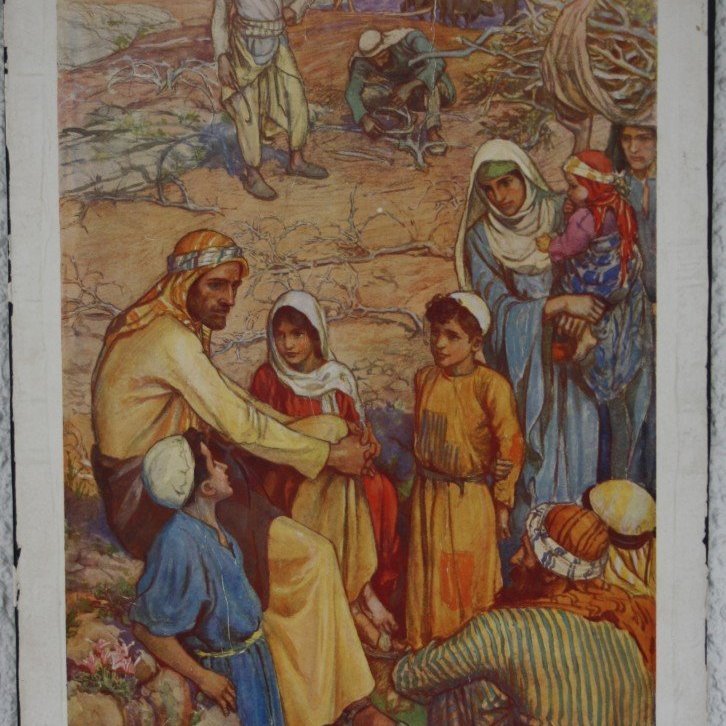 Menn færðu börn til Jesú að hann snerti þau en lærisveinarnir átöldu þá. Þegar Jesús sá það sárnaði honum og hann mælti við þá: „Leyfið börnunum að koma til mín, varnið þeim eigi því að slíkra er Guðs ríki. Sannlega segi ég ykkur: Hver sem tekur ekki við Guðs ríki eins og barn mun aldrei inn í það koma.“ Og Jesús tók þau sér í faðm, lagði hendur yfir þau og blessaði þau. (Markúsarguðspjall 10: 13-16)

Eftirprentun. Stærð: 35 x 50 cm. Höfundur: Elsie Anna Wood. Eigandi: Minjasafnið á Akureyri.