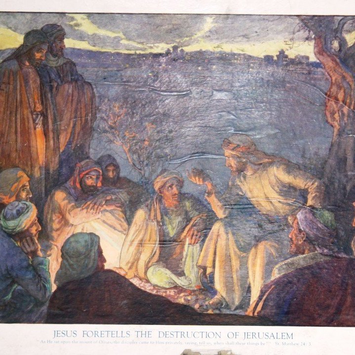 Þá er Jesús sat á Olíufjallinu gengu lærisveinarnir til hans og spurðu hann einslega: „Seg þú okkur, hvenær verður þetta? Hvernig sjáum við að þú sért að koma og veröldin að líða undir lok?“ (Matteusarguðspjall 24:3)

Eftirprentun. Stærð: 35 x 50 cm. Höfundur: Elsie Anna Wood. Eigandi: Minjasafnið á Akureyri.