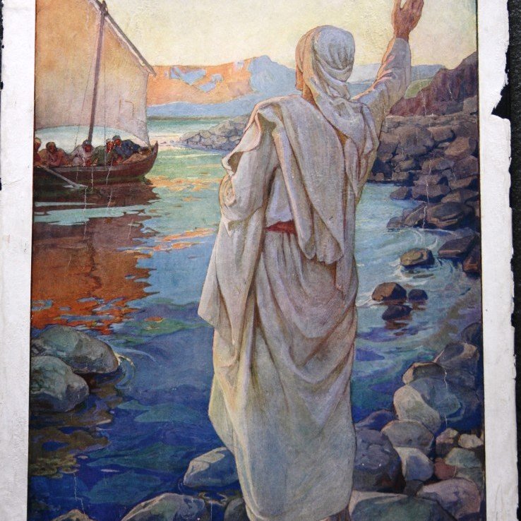 Þegar dagur rann stóð Jesús á ströndinni. Lærisveinarnir vissu samt ekki að það var Jesús. (Jóhannesarguðspjall 21:4)

Eftirprentun. Stærð: 35 x 50 cm. Höfundur: Elsie Anna Wood. Eigandi: Minjasafnið á Akureyri.