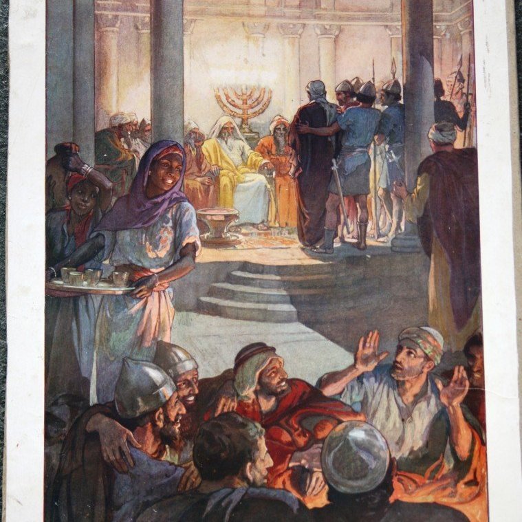 En þeir tóku Jesú höndum og leiddu brott og fóru með hann í hús æðsta prestsins. Pétur fylgdi eftir álengdar. Menn höfðu kveikt eld í miðjum garðinum og sátu við hann og Pétur settist meðal þeirra. En þerna nokkur sá hann sitja í bjarmanum, hvessti á hann augun og sagði: „Þessi maður var líka með honum.“
Því neitaði hann og sagði: „Kona, ég þekki hann ekki.“ (Lúkasarguðspjall 22:54-56)

Eftirprentun. Stærð: 35 x 50 cm. Höfundur: Elsie Anna Wood. Eigandi: Minjasafnið á Akureyri.