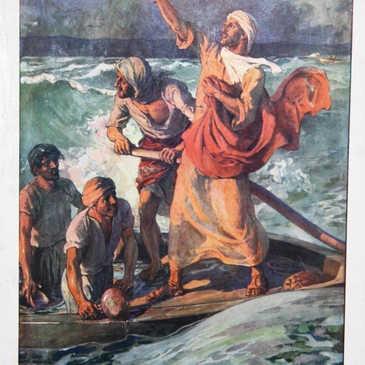 Hann vaknaði, hastaði á vindinn og sagði við vatnið: „Þegi þú, haf hljótt um þig!“ Þá lægði vindinn og gerði stillilogn. (Markúsarguðspjall 4:39).

Eftirprentun. Stærð: 35 x 50 cm. Höfundur: Elsie Anna Wood. Eigandi: Minjasafnið á Akureyri.