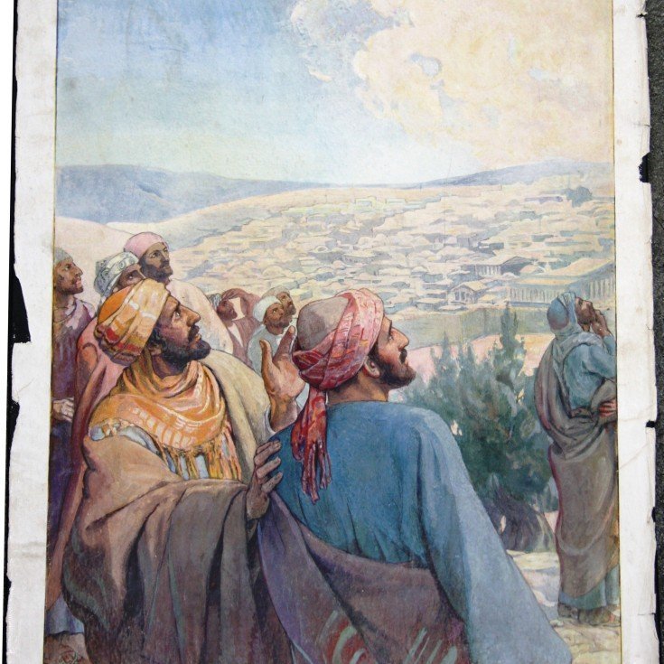 Þegar hann hafði mælt þetta varð hann upp numinn að þeim ásjáandi og ský huldi hann sjónum þeirra. (Postulasagan 1:9).

Eftirprentun. Stærð: 35 x 50 cm. Höfundur: Elsie Anna Wood. Eigandi: Minjasafnið á Akureyri.