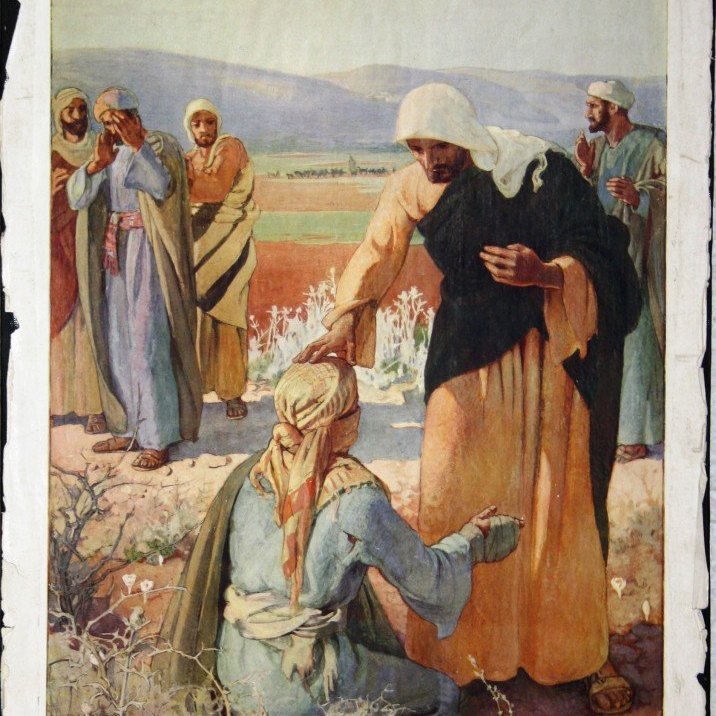 Nú gekk Jesús niður af fjallinu og fylgdi honum mikill mannfjöldi. Þá kom til hans líkþrár maður, laut honum og sagði: „Drottinn, ef þú vilt getur þú hreinsað mig.“ Jesús rétti út höndina, snart hann og mælti: „Ég vil, verð þú hreinn!“ Jafnskjótt varð hann hreinn af líkþránni. Jesús sagði við hann: „Gæt þess að segja þetta engum en far þú, sýn þig prestinum og færðu þá fórn sem Móse bauð, þeim til vitnisburðar.“ (Matteusarguðspjall 8:1-4)

Eftirprentun. Stærð: 35 x 50 cm. Höfundur: Elsie Anna Wood. Eigandi: Minjasafnið á Akureyri.