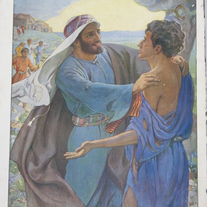 Týndi sonurinn snýr til baka: Og hann tók sig upp og fór til föður síns. En er hann var enn langt í burtu sá faðir hans hann og kenndi í brjósti um hann, hljóp og féll um háls honum og kyssti hann. (Lúkasarguðspjall 15:20)

Eftirprentun. Stærð: 35 x 50 cm. Höfundur: Elsie Anna Wood. Eigandi: Minjasafnið á Akureyri.