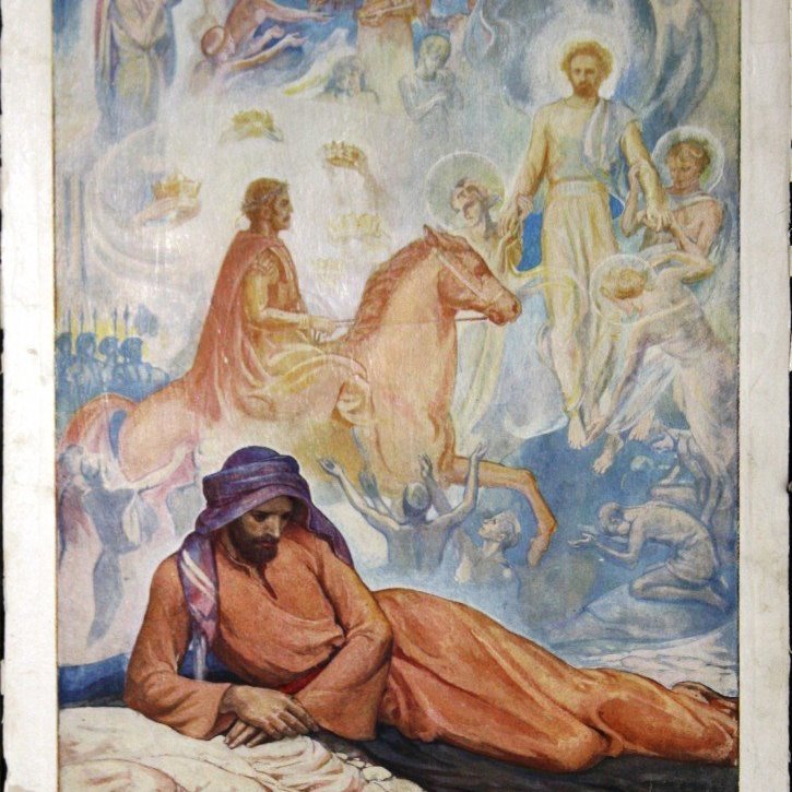 Þá leiddi andinn Jesú út í óbyggðina til þess að djöfullinn gæti freistað hans. Þar fastaði Jesús fjörutíu daga og fjörutíu nætur og var þá orðinn hungraður. Þá kom djöfullinn og sagði við hann: „Ef þú ert sonur Guðs þá bjóð þú að steinar þessir verði að brauðum.“ Jesús svaraði: „Ritað er: Eigi lifir maðurinn á einu saman brauði heldur á hverju því orði sem fram gengur af Guðs munni.“ Þá tekur djöfullinn Jesú með sér í borgina helgu, setur hann á brún musterisins 6og segir við hann: „Ef þú ert sonur Guðs þá kasta þér ofan því að ritað er:
Hann mun fela þig englum sínum
og þeir munu bera þig á höndum sér
að þú steytir ekki fót þinn við steini.“
Jesús svaraði honum: „Aftur er ritað: Þú skalt ekki freista Drottins, Guðs þíns.“ Enn tekur djöfullinn hann með sér upp á ofurhátt fjall, sýnir honum öll ríki heims og dýrð þeirra 9og segir: „Allt þetta mun ég gefa þér ef þú fellur fram og tilbiður mig.“ En Jesús sagði við hann: „Vík brott, Satan! Ritað er: Drottin, Guð þinn, skalt þú tilbiðja og þjóna honum einum.“ Þá fór djöfullinn frá Jesú. Og englar komu og þjónuðu honum. (Matteusarguðspjall 4:1-11).

Eftirprentun. Stærð: 35 x 50 cm. Höfundur: Elsie Anna Wood. Eigandi: Minjasafnið á Akureyri.