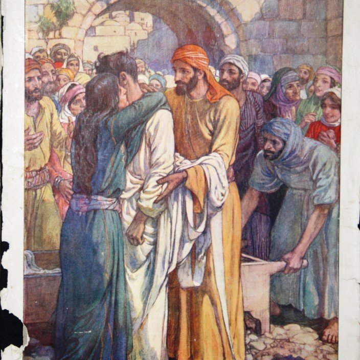 Og hann gekk að og snart líkbörurnar en þeir sem báru námu staðar. Þá sagði hann: „Ungi maður, ég segi þér, rís þú upp!“ Hinn látni settist þá upp og tók að mæla og Jesús gaf hann móður hans. En ótti greip alla og þeir vegsömuðu Guð og sögðu: „Spámaður mikill er risinn upp meðal okkar,“ og „Guð hefur vitjað lýðs síns.“ (Lúkasarguðspjall 7:14-16).

Eftirprentun. Stærð: 35 x 50 cm. Höfundur: Elsie Anna Wood. Eigandi: Minjasafnið á Akureyri.