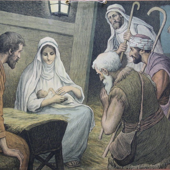 Hirðarnir veita Jesúbarninu og foreldrum lotningu
Eftirprentun, 39,5 x 58 cm.
Höfundur: Poul Steffensen (1866-1923)
Ár: 1913
Eigandi: Minjasafnið á Akureyri