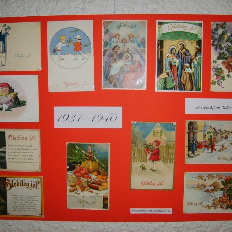 Jólakort úr safni Björns Guðmundssonar, flokkuð í safni hans sem kort frá árunum 1931 til 1940.

ATHS: Annað jólakort frá vinstri í efstu röð er ólíklega gefið út svona snemma miðað við prentgæði kortsins, en heimildir/gögn vantar.