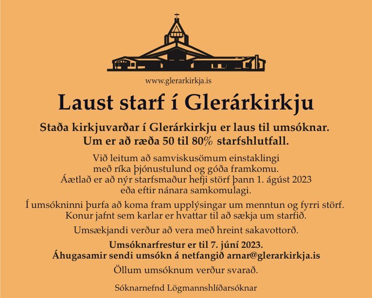 Umsóknarfrestur um starf kirkjuvarðar framlengdur til 7. júní