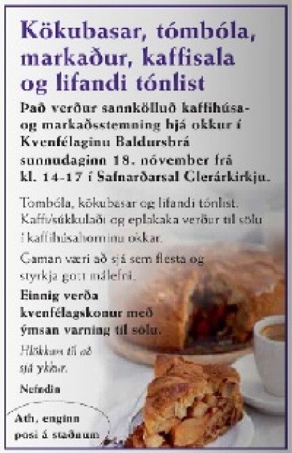 Kökubasar, tombóla, markaður, kaffisala og lifandi tónlist