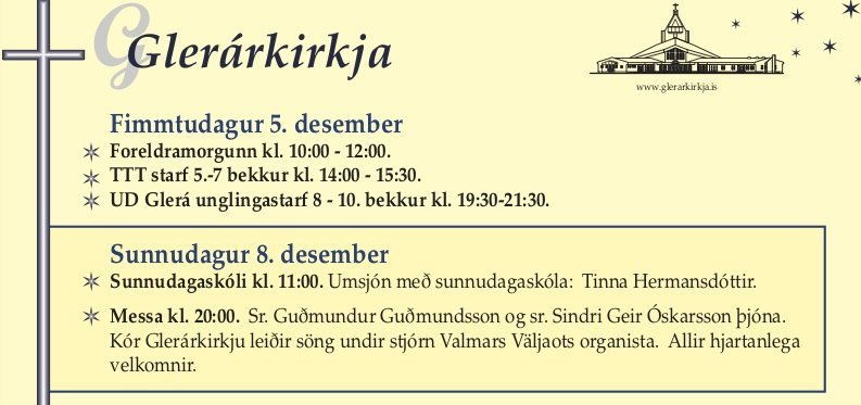 Messa á sunnudagskvöldið 8. des. kl. 20