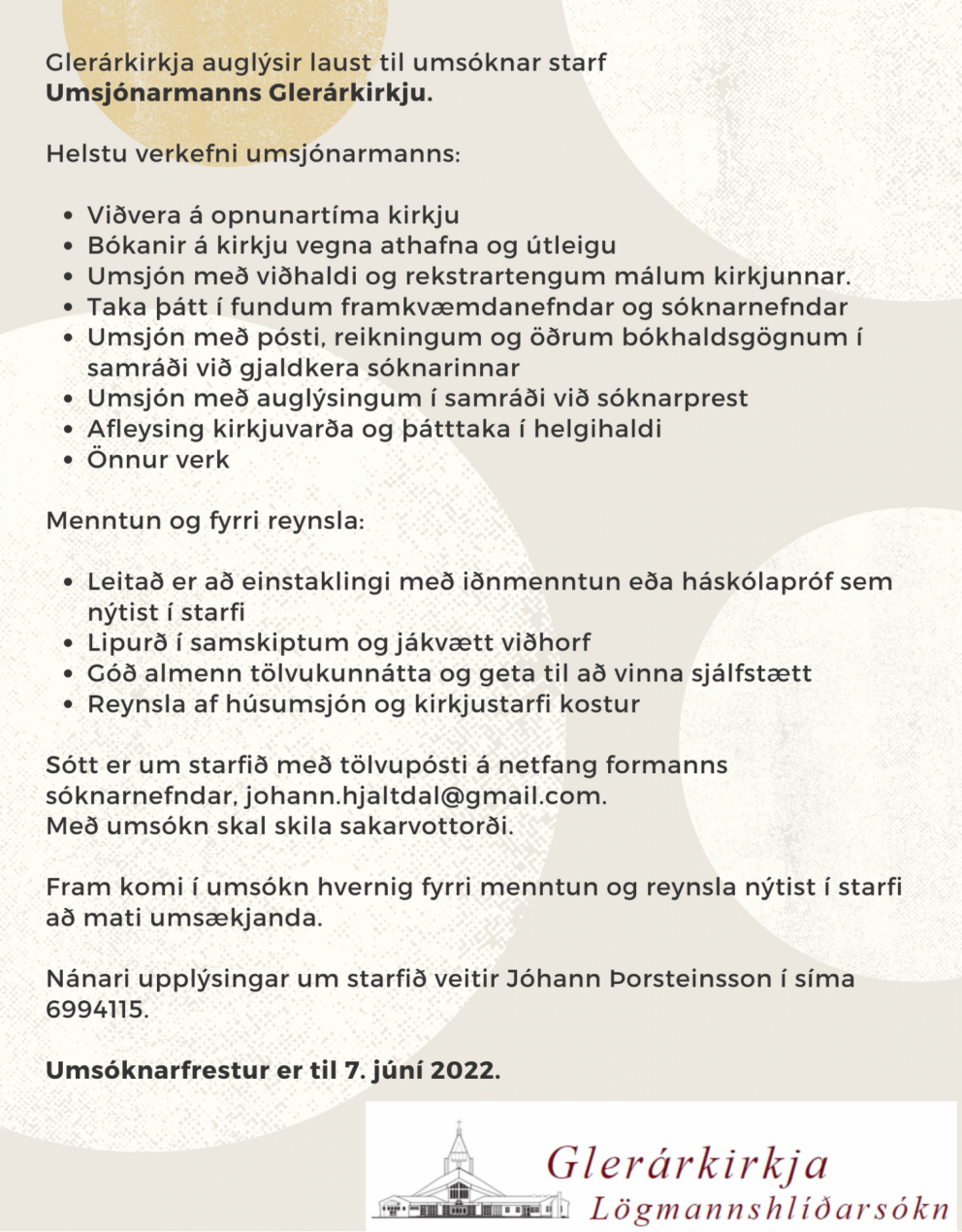 Starf umsjónarmanns Glerárkirkju laust