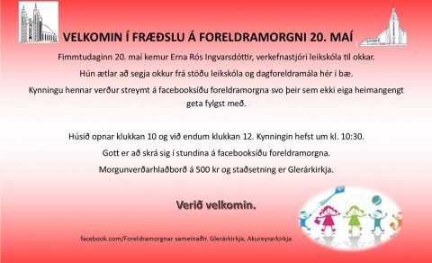 Fræðsla á foreldramorgnum fimmtudaginn 20. maí næstkomandi